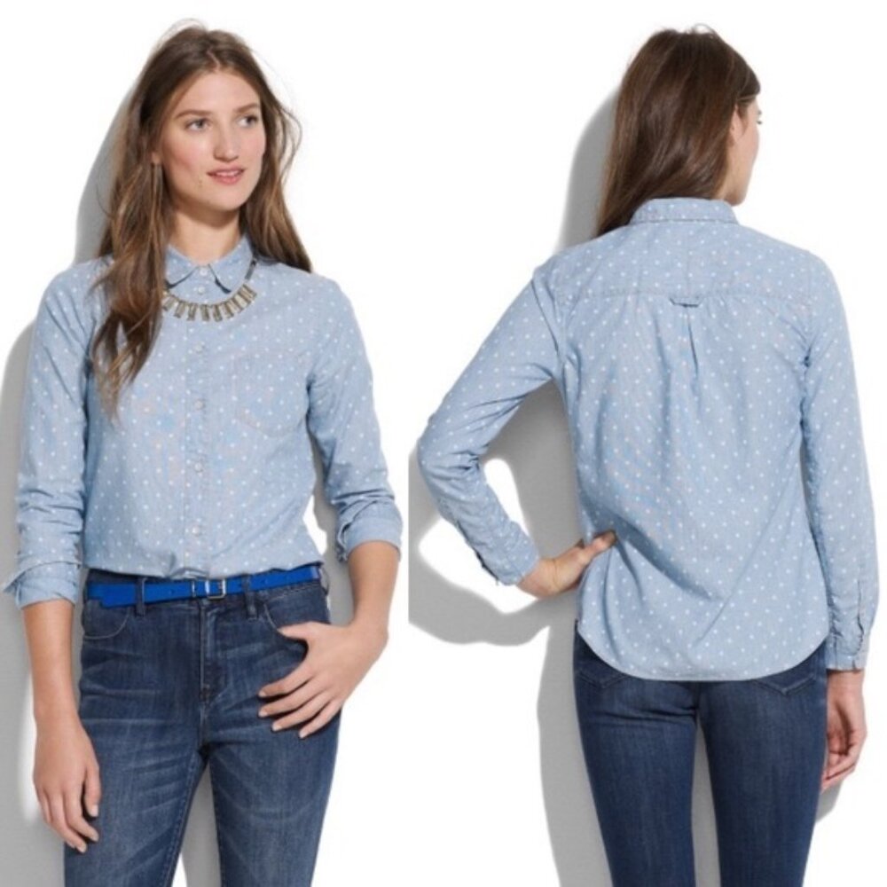 J Crew Boy Shirt Chambray Polka Dots Women's Size 12 Classic Preppy